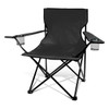 A black folding chair with a lightweight frame and drink holders on both armrests, featuring a simple design.