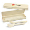 A cutlery set in a beige case, featuring a spoon, fork, and knife. The case has a logo.