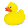A yellow rubber duck with a bright orange beak and cartoonish eyes, featuring a simple design.