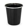 A drink tumbler in black with a stainless steel rim, featuring a branded logo. Ideal for beverages.