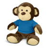 A plush monkey toy with brown fur and a blue T-shirt, featuring soft ears and a friendly expression.