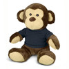 A brown plush monkey toy with cream accents, wearing a dark blue shirt, featuring a branding logo.