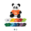 A plush toy panda with a black and white design, wearing an orange shirt, surrounded by various coloured T-shirts.