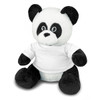 A plush toy panda featuring black and white fur, wearing a white shirt, with a cute facial expression.