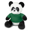 A panda plush toy featuring a black and white design, wearing a green shirt. It has a friendly expression and soft texture.