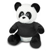 A plush panda toy with black and white fur, wearing a black shirt and large, round black eyes. It has a soft, cuddly appearance.