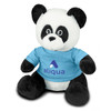 A plush toy panda in black and white, wearing a light blue shirt with a logo.