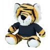 A plush tiger toy with orange and black stripes, wearing a black shirt, sitting upright. It has a friendly expression.