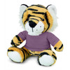 A plush toy tiger featuring orange and black stripes, with a white face and wearing a purple shirt.