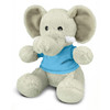 A plush elephant toy in grey with a blue shirt, featuring soft textures and a friendly expression.