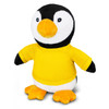 A plush toy penguin with a black and white body, orange beak and feet, wearing a yellow shirt.