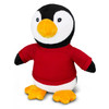 A plush penguin toy with a black and white body, yellow feet, and a red shirt. It has a cute, smiling face and a small logo.