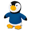 A penguin plush toy wearing a blue shirt, featuring a black and white body with orange feet and beak.