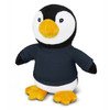A plush penguin toy with black and white fur, an orange beak, and a navy blue shirt. It has a logo on its shirt.