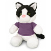 A plush cat toy with black and white fur, featuring green eyes and wearing a purple T-shirt. It has a logo on it.