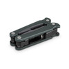 A green multi-tool featuring a compact design with multiple functions, including a foldable mechanism and metal detailing.