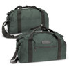 A dark green duffle bag with a shoulder strap and a front zipper pocket, featuring a logo.