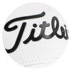 A white cap with a black logo, featuring a sleek design suitable for golf enthusiasts.