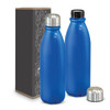 A drink bottle with a blue aluminium body and a metal screw top, presented alongside a decorated box.