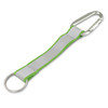 A grey reflector key ring with a green strap and a silver carabiner clip. Features a circular metal ring.
