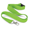 A bright green RPET lanyard with a clip and plastic buckle, featuring a textured fabric design and a logo.
