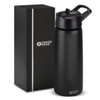 A drink bottle in matte black with a black lid, packaged in a sleek black box, featuring a logo.
