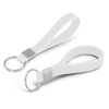 A white silicone key ring featuring a debossed design and a metal keyring attachment.