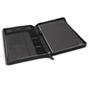 A black A4 portfolio with a zipper, featuring interior pockets and a sleek design for organisation.