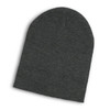 A dark grey slouch beanie displayed flat, featuring a simple design and a logo.