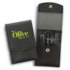 A black faux leather manicure set with tools including scissors, nail clippers, and a file, featuring a logo on the case.
