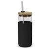 A glass tumbler with a black silicone sleeve, bamboo lid, and metal straw.