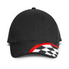A black cap featuring a red and checkered design on the brim, with a logo displayed prominently.