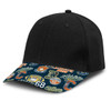 A black cap with a patterned peak featuring various logos and text in colours like blue, orange, and yellow.