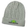 A grey knit beanie with a cable pattern and a logo featuring trees on the front.