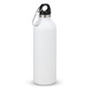 A drink bottle in matte white with a black cap and a metal carabiner attachment; features a logo.