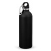 A drink bottle in matte black with a stainless steel top and a carabiner clip for easy attachment.