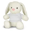 A white rabbit plush toy with long ears and a pink nose, wearing a plain white t-shirt.