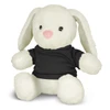 A plush rabbit toy in white with a black shirt, featuring floppy ears and a pink nose.