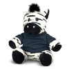 A black and white zebra plush toy wearing a navy-blue top, featuring a friendly expression and soft texture.