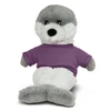 A grey and white seal plush toy wearing a purple T-shirt, sitting upright with large black eyes.