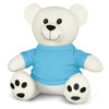 A plush toy bear in white with a blue shirt, featuring black facial details and paws, sitting upright.