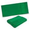 A green terry towel displayed flat and folded, featuring a textured section and a plain band, with a logo present.