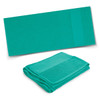 A folded and unfolded turquoise towel, featuring a textured stripe, with a logo on it.