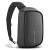 A black sling bag with a slim design, featuring a textured surface and a strap for easy carrying.