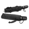 A black compact umbrella with a handle and a matching cover, featuring a logo on the handle.