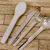 A travel cutlery set featuring a white spoon and stainless steel fork, knife, and dessert spoon, with a logo present.