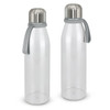A drink bottle with a transparent body, stainless steel top, and a grey silicone strap. It features a logo on the cap.