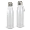A drink bottle featuring a transparent body and silver metal lid, with a white handle on each bottle.