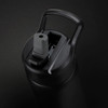 A drink bottle in matte black featuring a spout and a sturdy handle, with a logo on the side.