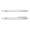 A clear plastic pen displayed from two angles, featuring a sleek design and a silver clip. It includes a logo.